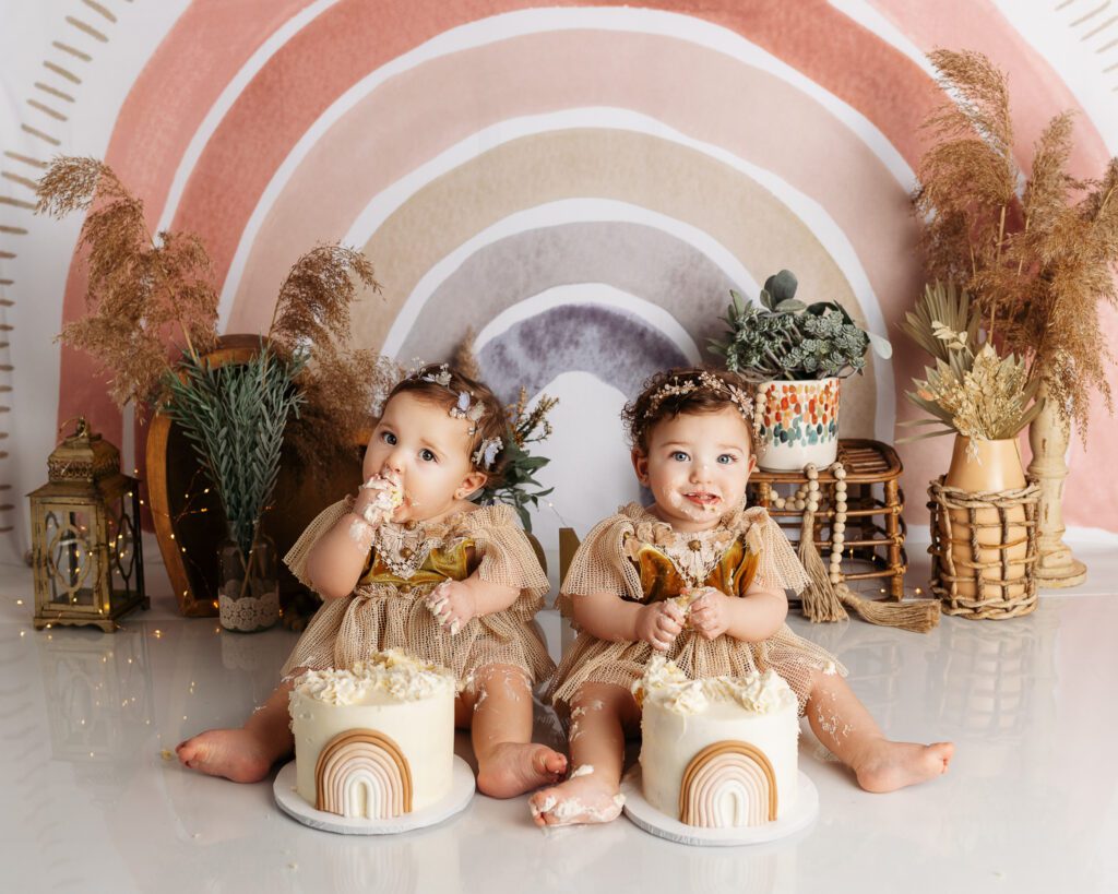 Best Cake Smash first Birthday Photographer - Connecticut and Westchester New York - Rainbow Boho Twins